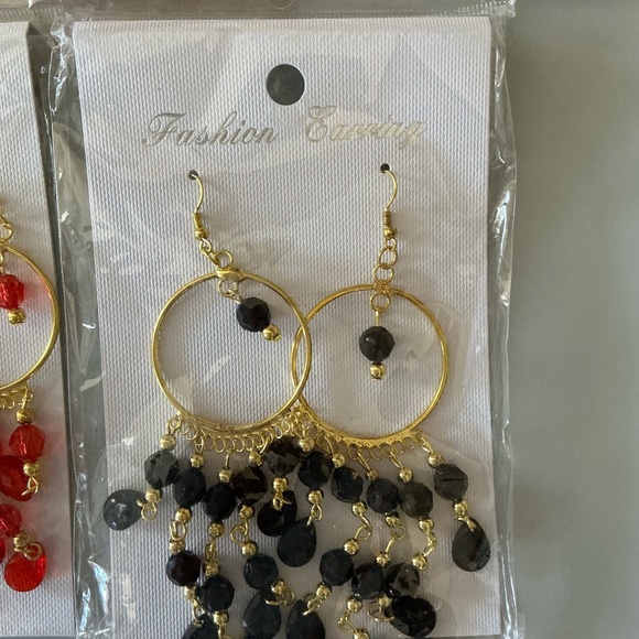 Fashion Jewelry Gold Hoop Earrings with Red, Black, White, and Brown Bead Drops - Picture 6 of 6